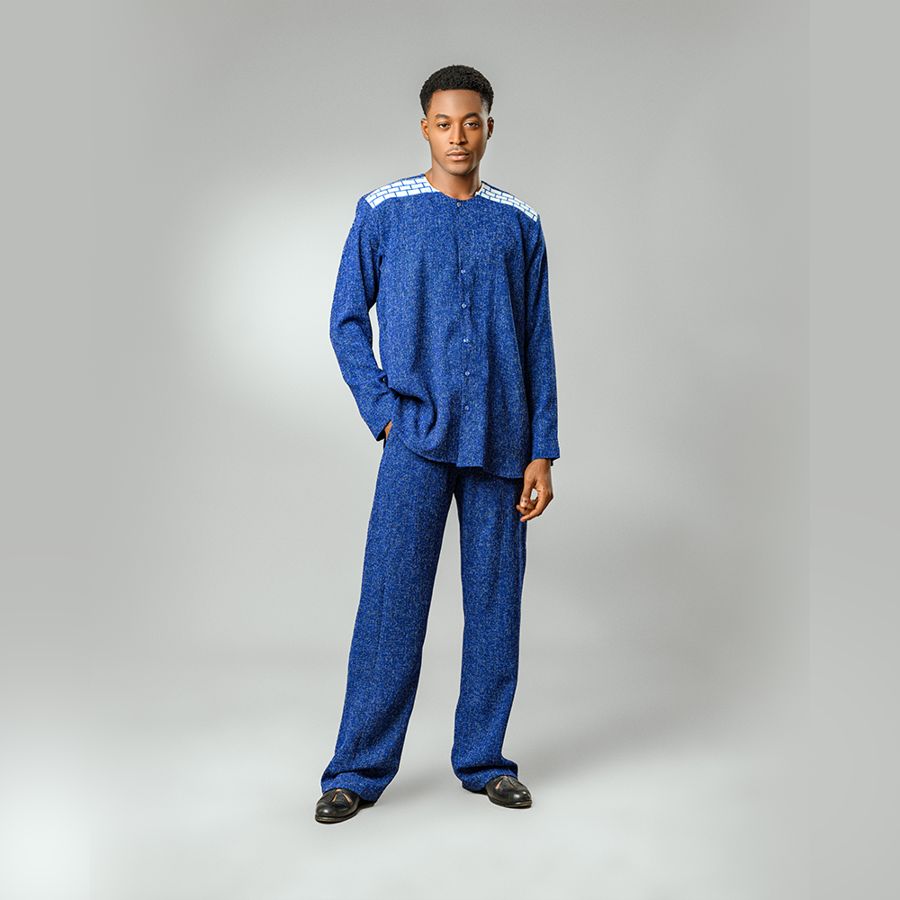 Ensemble Chemise et Pantalon en Lin Sablé Bleu Marine pour Homme